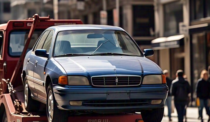 A car being towed in an urban setting, showcasing the best towing services for reliable roadside assistance.