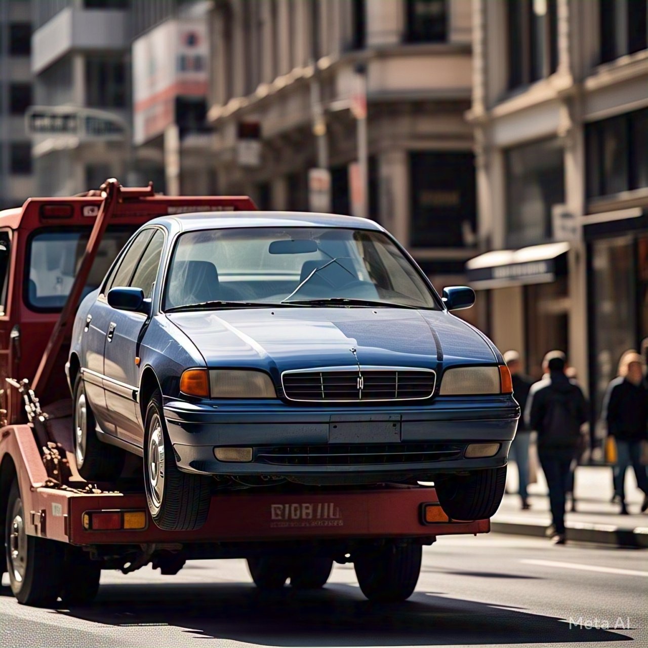 A car being towed in an urban setting, showcasing the best towing services for reliable roadside assistance.