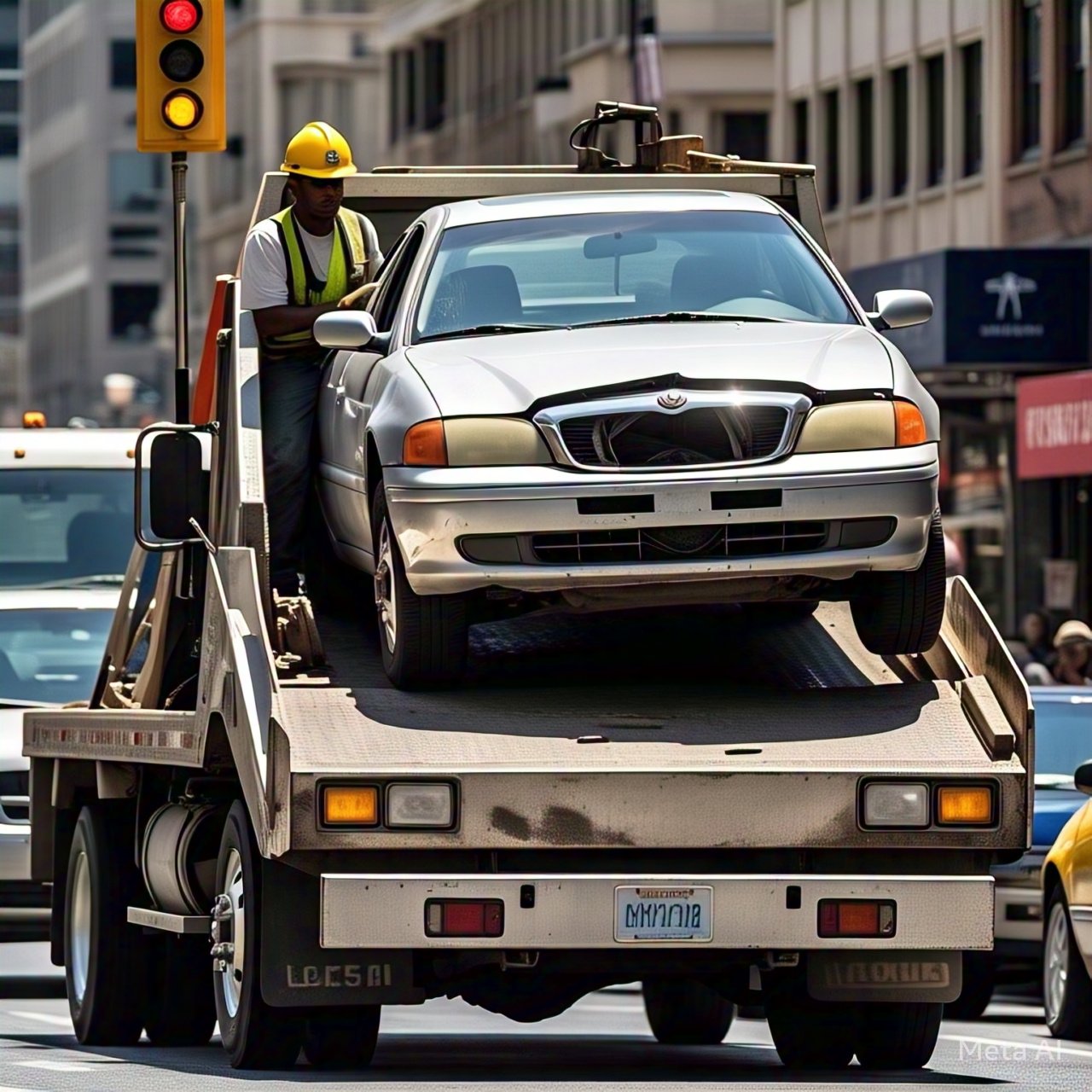 A damaged silver car being loaded onto a flatbed tow truck by a worker in a safety helmet on a busy city street. Best towing services ensure quick and professional roadside assistance for stranded vehicles.