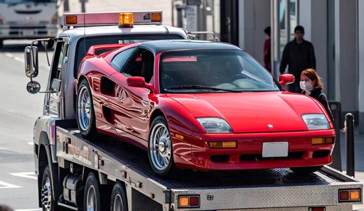 A sleek red sports car being transported on a flatbed tow truck in a busy city street. Best towing services ensure safe, reliable, and professional vehicle recovery for all types of cars.
