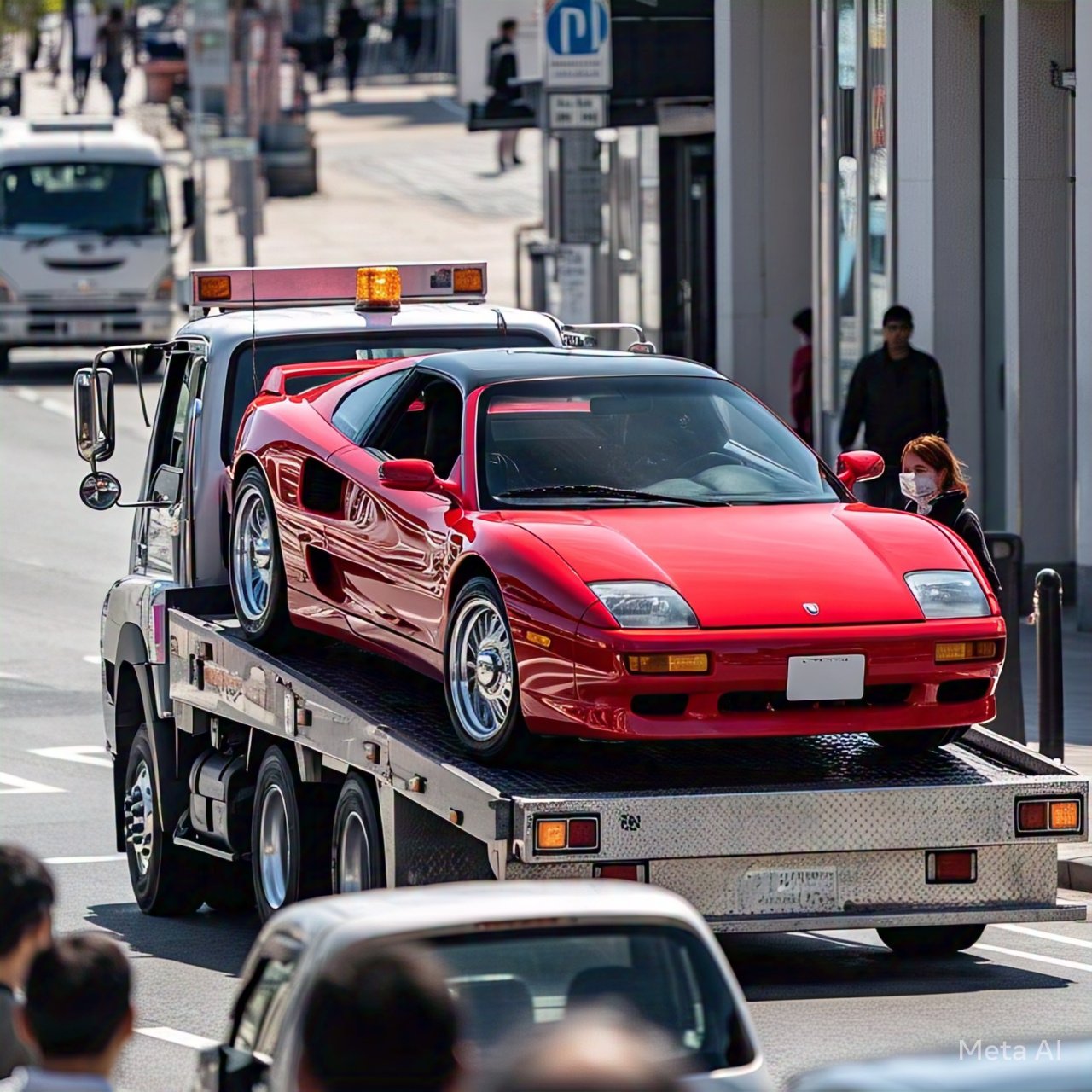 A sleek red sports car being transported on a flatbed tow truck in a busy city street. Best towing services ensure safe, reliable, and professional vehicle recovery for all types of cars.