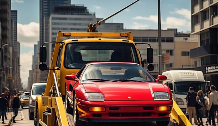 A red sports car being transported on a yellow tow truck in a busy city street, showcasing the best towing services.