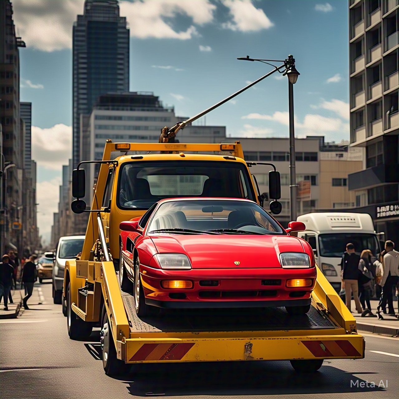 A red sports car being transported on a yellow tow truck in a busy city street, showcasing the best towing services.