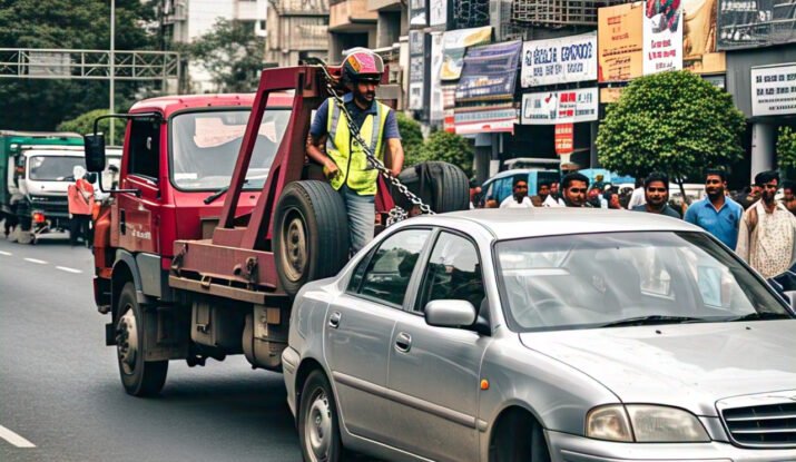 Towing services in Bangalore – A professional tow truck assisting a broken-down car on a busy city road, ensuring safe and efficient vehicle recovery.