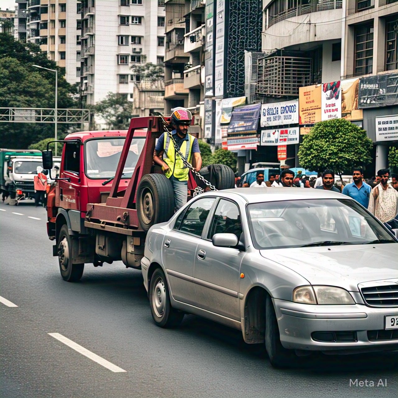 Towing services in Bangalore – A professional tow truck assisting a broken-down car on a busy city road, ensuring safe and efficient vehicle recovery.
