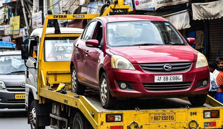 A red car being towed by a yellow tow truck on a busy street in Chennai, showcasing professional towing services in Chennai for roadside assistance and vehicle recovery.