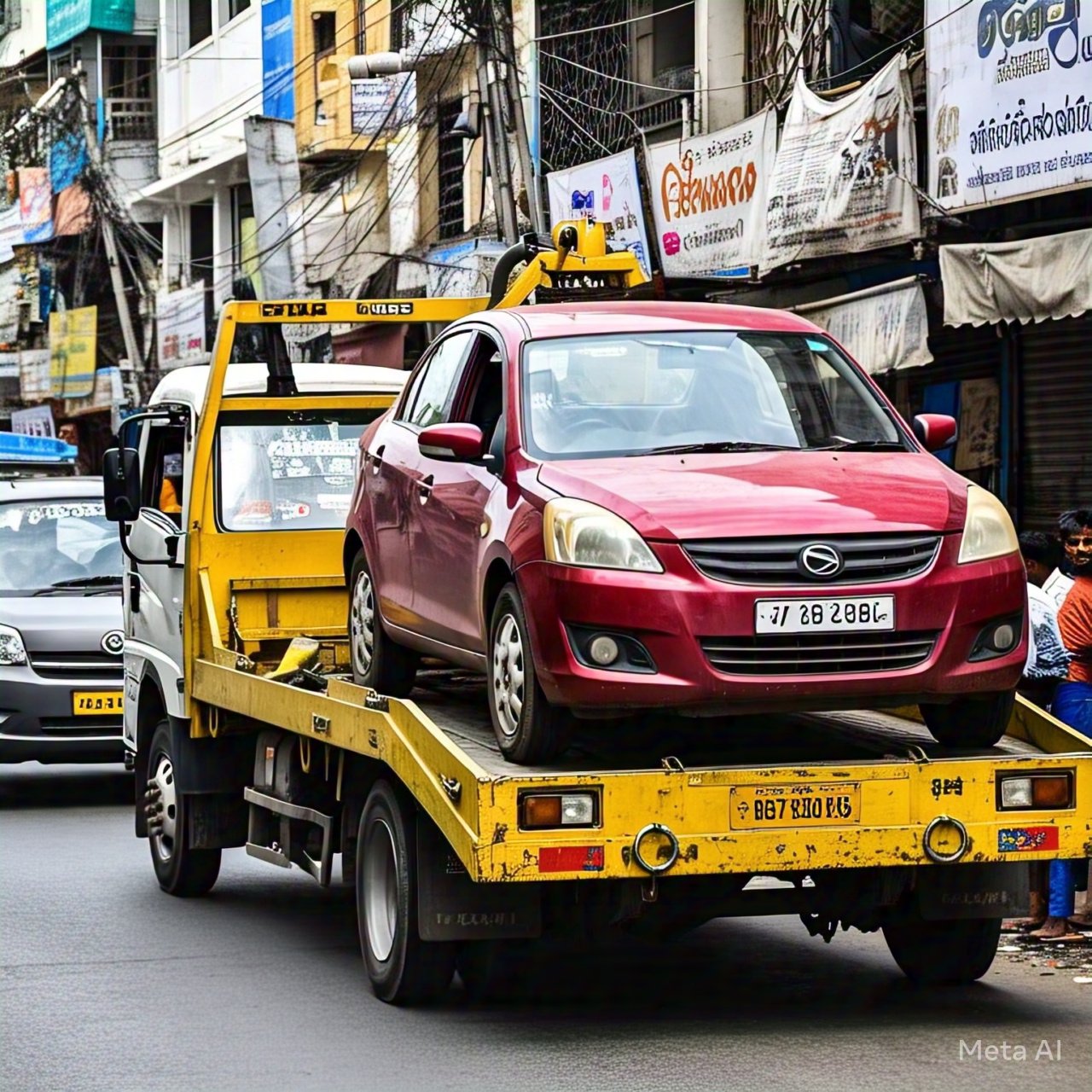 A red car being towed by a yellow tow truck on a busy street in Chennai, showcasing professional towing services in Chennai for roadside assistance and vehicle recovery.
