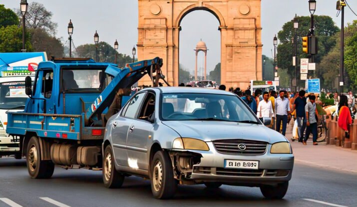 A damaged car being towed near India Gate, showcasing towing services in Delhi for roadside assistance and vehicle recovery.