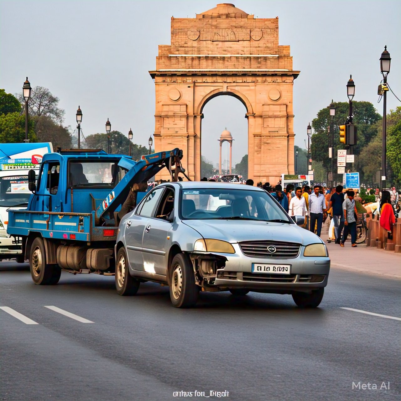 A damaged car being towed near India Gate, showcasing towing services in Delhi for roadside assistance and vehicle recovery.