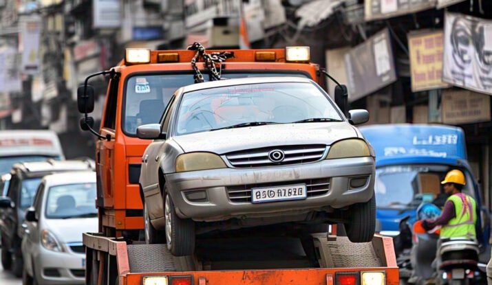 Use towing services in Udaipur for quick and professional roadside assistance. Image shows a tow truck transporting a car through the busy streets of Udaipur, ensuring safe and reliable vehicle recovery.