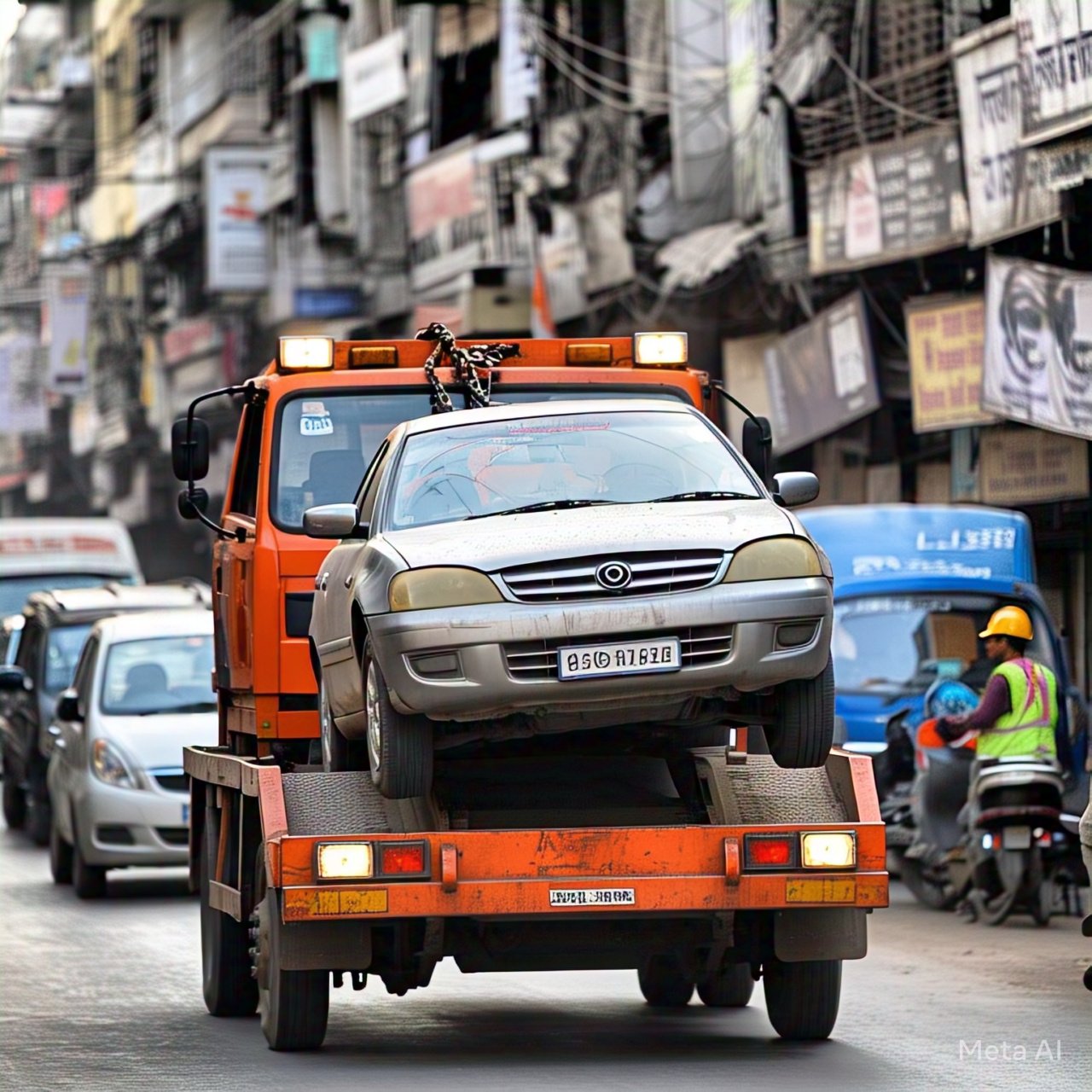 Use towing services in Udaipur for quick and professional roadside assistance. Image shows a tow truck transporting a car through the busy streets of Udaipur, ensuring safe and reliable vehicle recovery.
