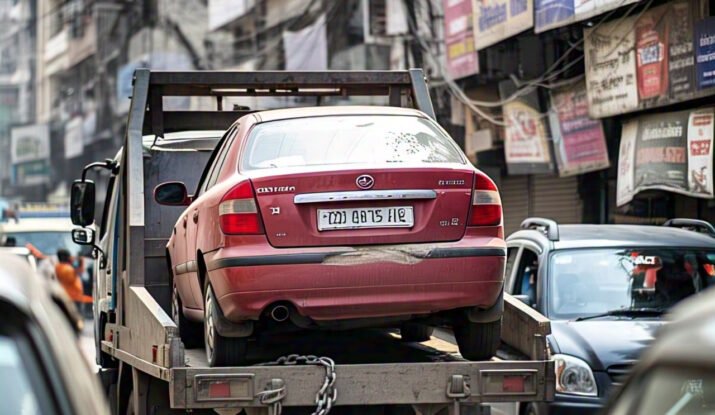 Towing Services in New Delhi - A red car is being towed on a flatbed tow truck in a busy Delhi street, surrounded by traffic and city buildings.