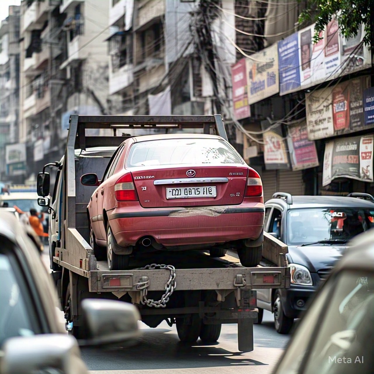 Towing Services in New Delhi - A red car is being towed on a flatbed tow truck in a busy Delhi street, surrounded by traffic and city buildings.