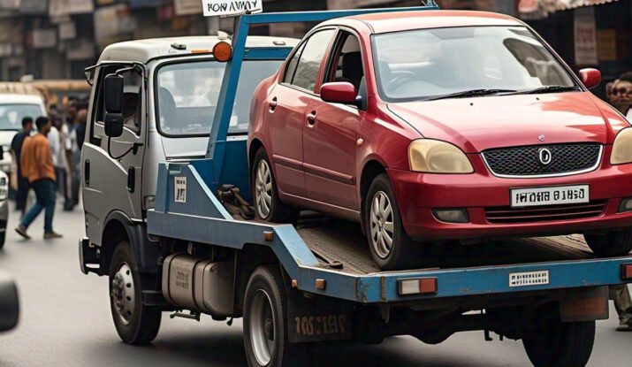A red car being transported on a blue tow truck in a busy street, highlighting towing services in Gurgaon.