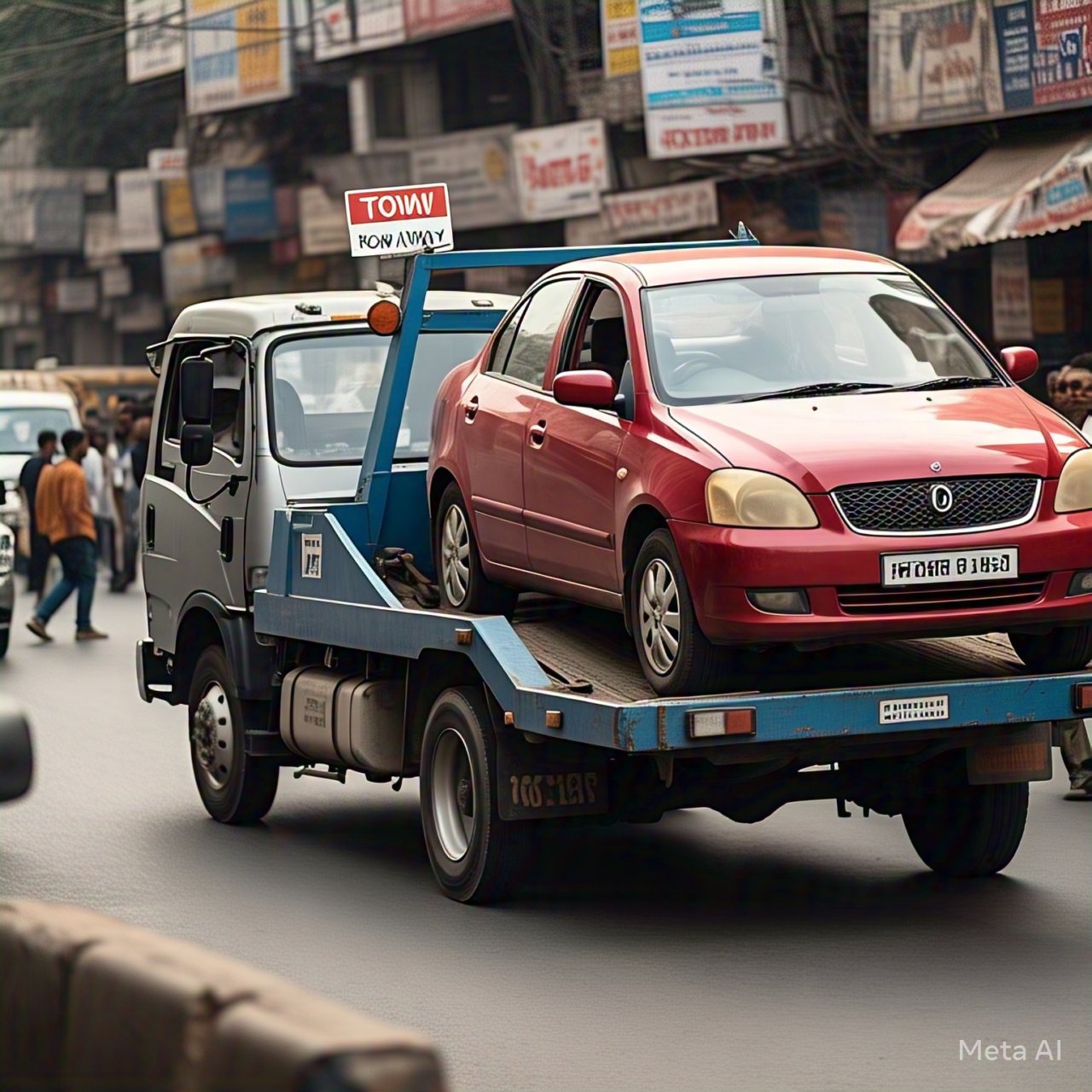 A red car being transported on a blue tow truck in a busy street, highlighting towing services in Gurgaon.