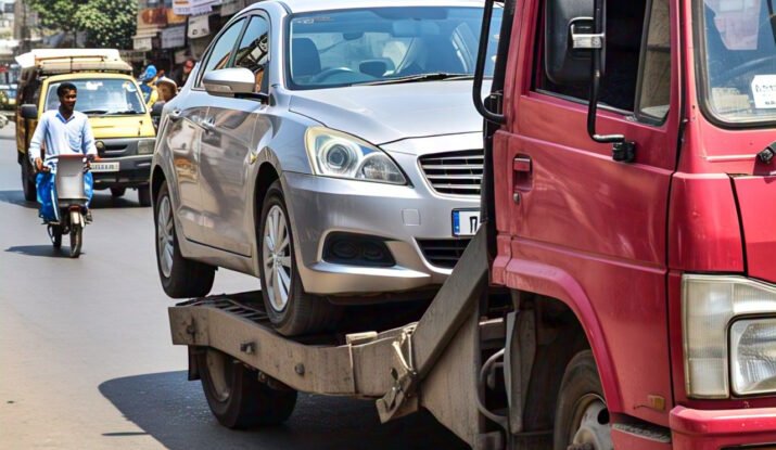 A red tow truck transporting a silver car on a busy street in Hyderabad, showcasing towing services in Hyderabad for vehicle breakdowns and roadside emergencies. Other vehicles and shops are visible in the background.