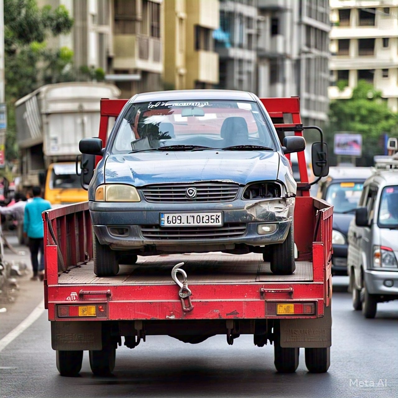 A damaged blue car being transported on a red tow truck in a busy street of Indore. Reliable towing services in Indore ensure fast and professional roadside assistance for vehicle breakdowns and accidents.