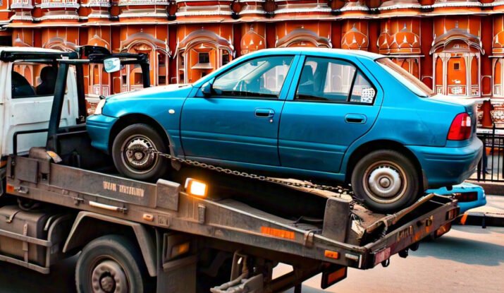 A blue sedan being towed in front of Jaipur’s iconic architecture, showcasing reliable towing services in Jaipur for stranded vehicles.