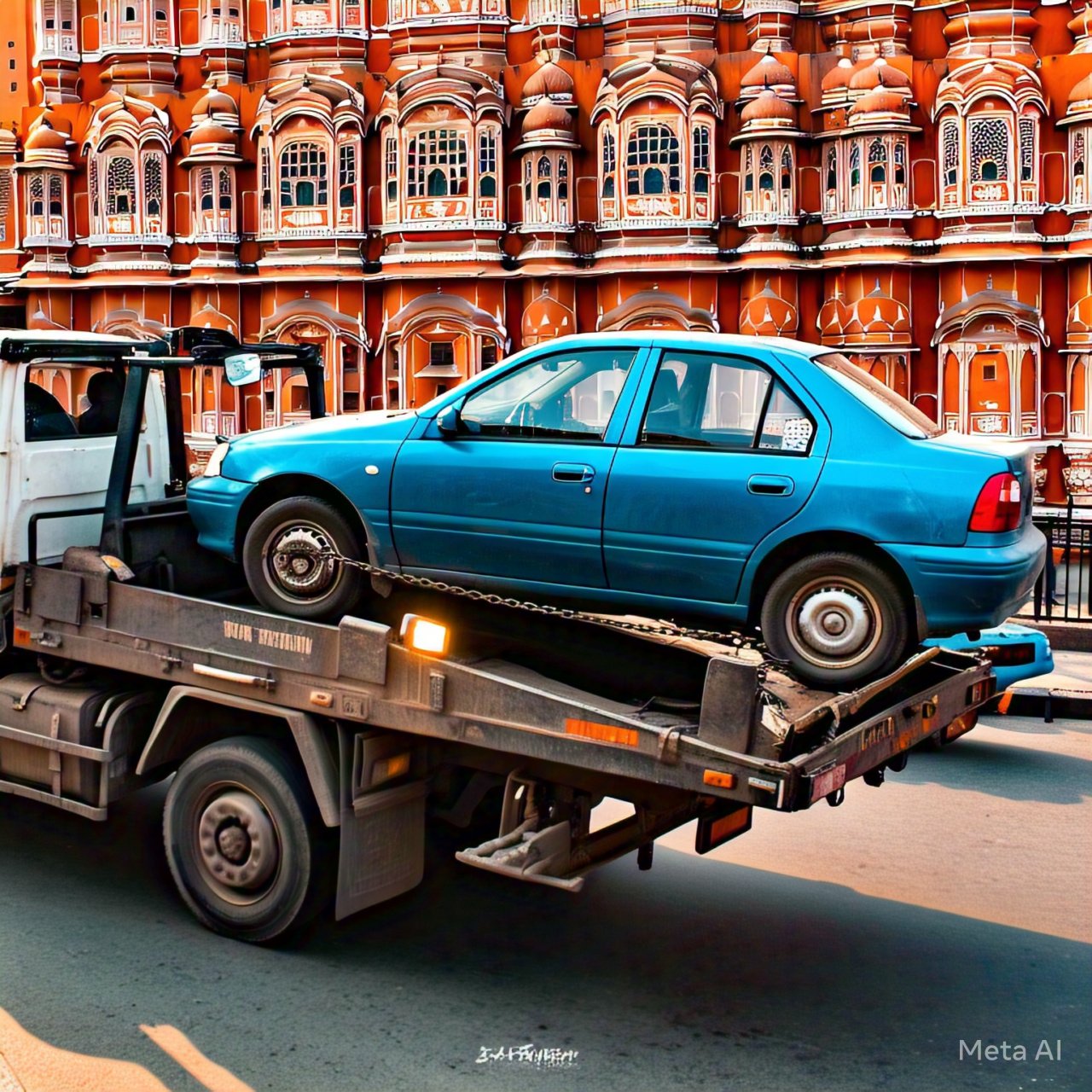 A blue sedan being towed in front of Jaipur’s iconic architecture, showcasing reliable towing services in Jaipur for stranded vehicles.
