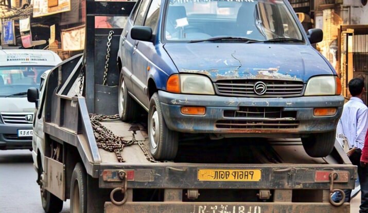 A car being towed on a flatbed tow truck in Lucknow, showcasing professional towing services in Lucknow for roadside assistance and vehicle recovery.