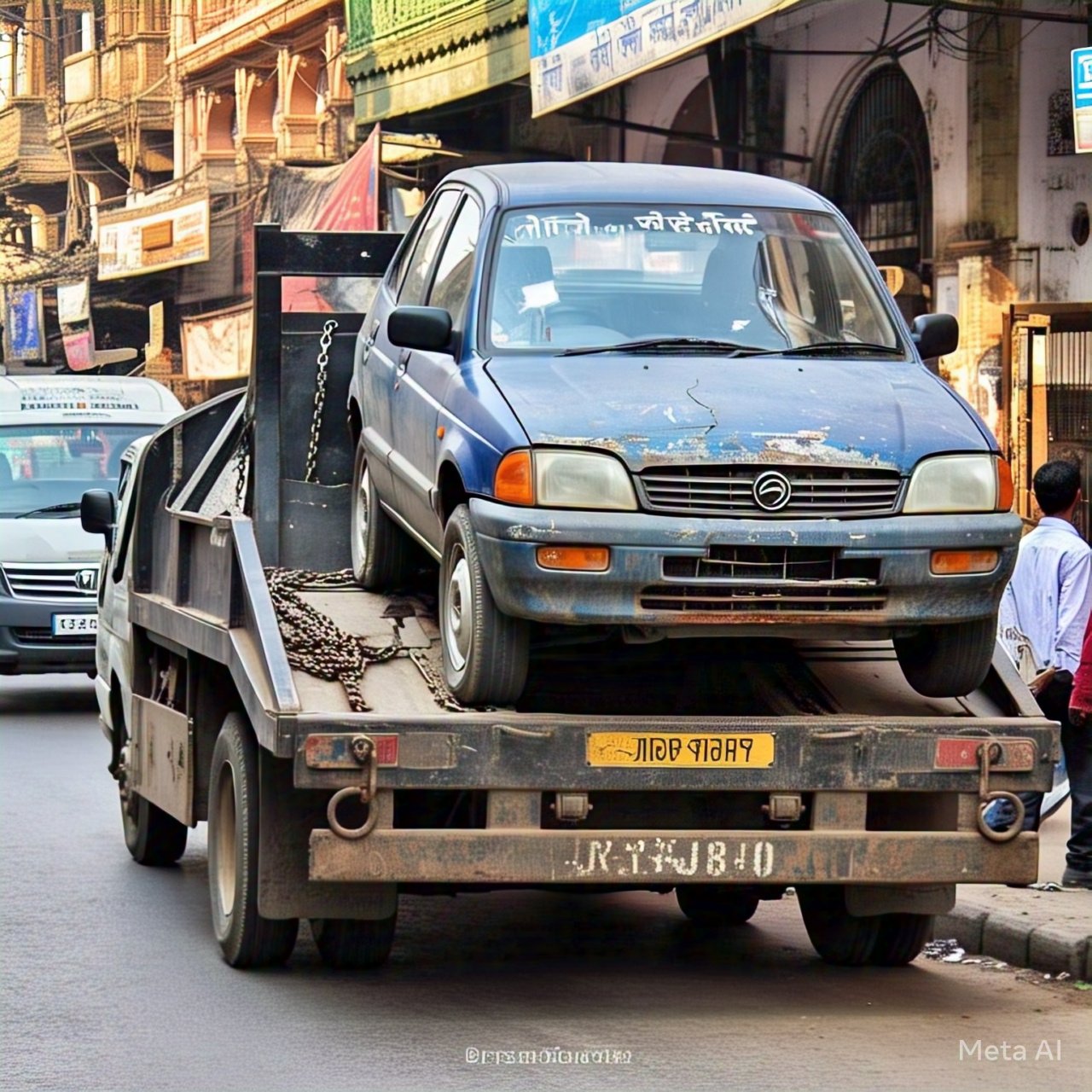 A car being towed on a flatbed tow truck in Lucknow, showcasing professional towing services in Lucknow for roadside assistance and vehicle recovery.
