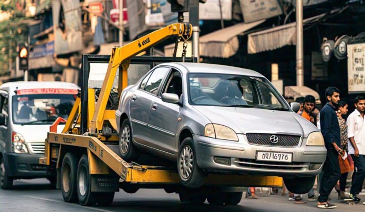 A tow truck lifting a silver car in the busy streets of Mumbai, showcasing towing services in Mumbai for vehicle breakdowns and roadside emergencies.