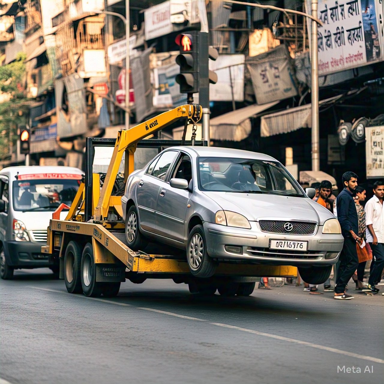 A tow truck lifting a silver car in the busy streets of Mumbai, showcasing towing services in Mumbai for vehicle breakdowns and roadside emergencies.