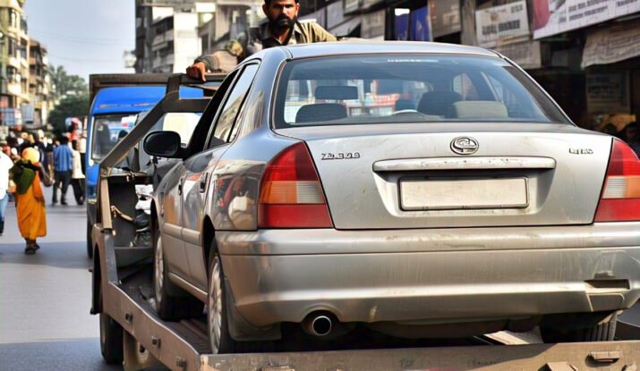 A silver car being towed on a flatbed tow truck in a busy street of Nagpur, with shops and pedestrians in the background. Reliable towing services in Nagpur ensure quick roadside assistance for vehicle breakdowns.