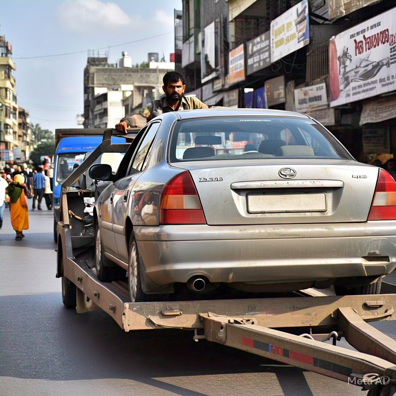 A silver car being towed on a flatbed tow truck in a busy street of Nagpur, with shops and pedestrians in the background. Reliable towing services in Nagpur ensure quick roadside assistance for vehicle breakdowns.