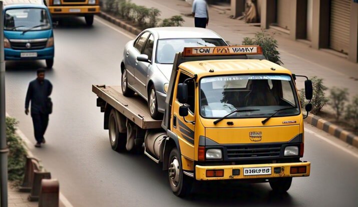 A silver car being transported on a yellow tow truck in a busy urban street, highlighting towing services in Noida.