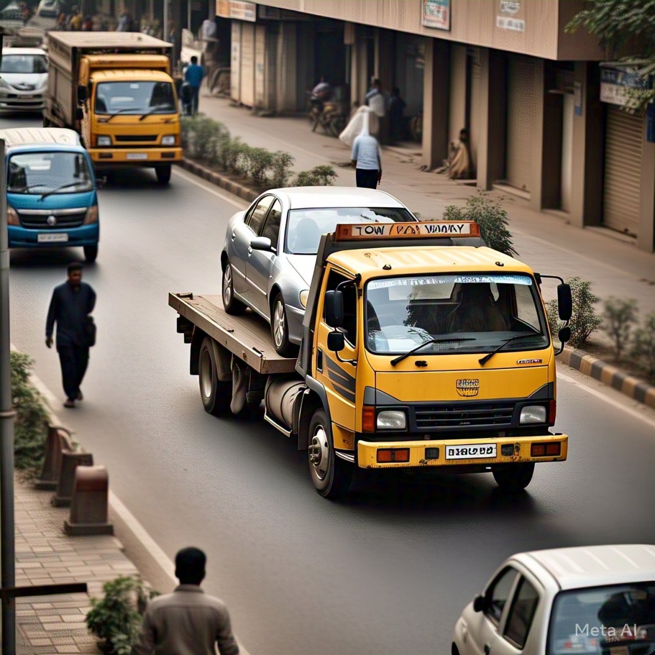 A silver car being transported on a yellow tow truck in a busy urban street, highlighting towing services in Noida.