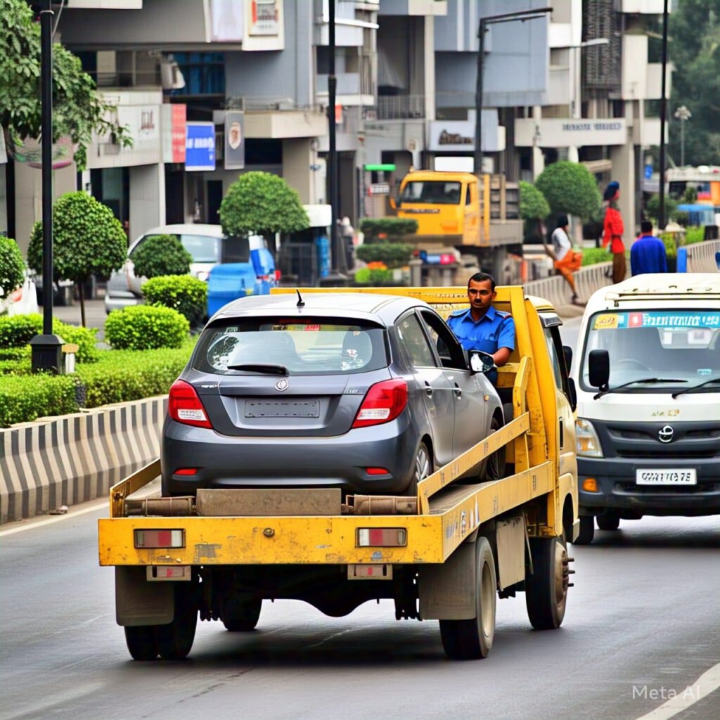 A car being towed on a yellow tow truck in Rajkot, providing professional towing services in Rajkot for vehicle recovery and roadside assistance.