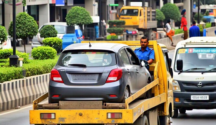 A car being towed on a yellow tow truck in Rajkot, providing professional towing services in Rajkot for vehicle recovery and roadside assistance.