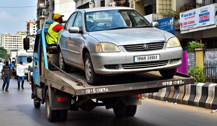 Towing services in Kolkata – A silver sedan is being towed on a flatbed tow truck in the busy streets of Kolkata, providing professional roadside assistance.