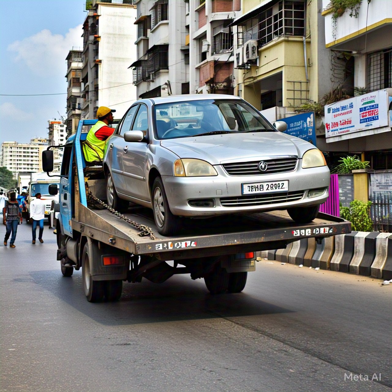 Towing services in Kolkata – A silver sedan is being towed on a flatbed tow truck in the busy streets of Kolkata, providing professional roadside assistance.