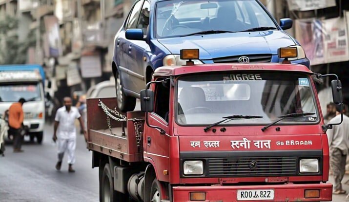 A car being towed on a red tow truck in a busy street, representing towing services in Thane for vehicle recovery and roadside assistance.