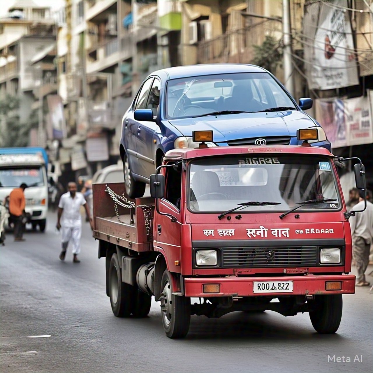 A car being towed on a red tow truck in a busy street, representing towing services in Thane for vehicle recovery and roadside assistance.