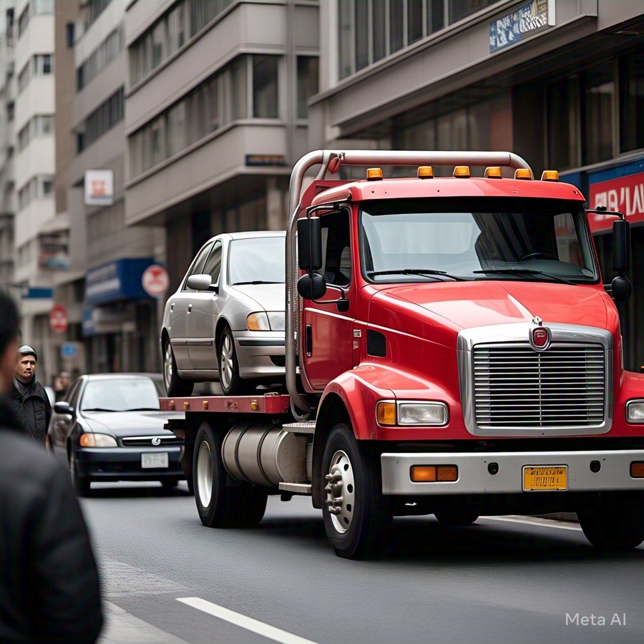 A red tow truck transporting a silver sedan through a busy urban street, representing professional and reliable towing services.