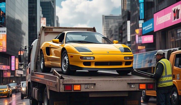 Flatbed tow truck transporting a yellow sports car in a busy city, showcasing the best towing services in action during an unexpected roadside emergency.