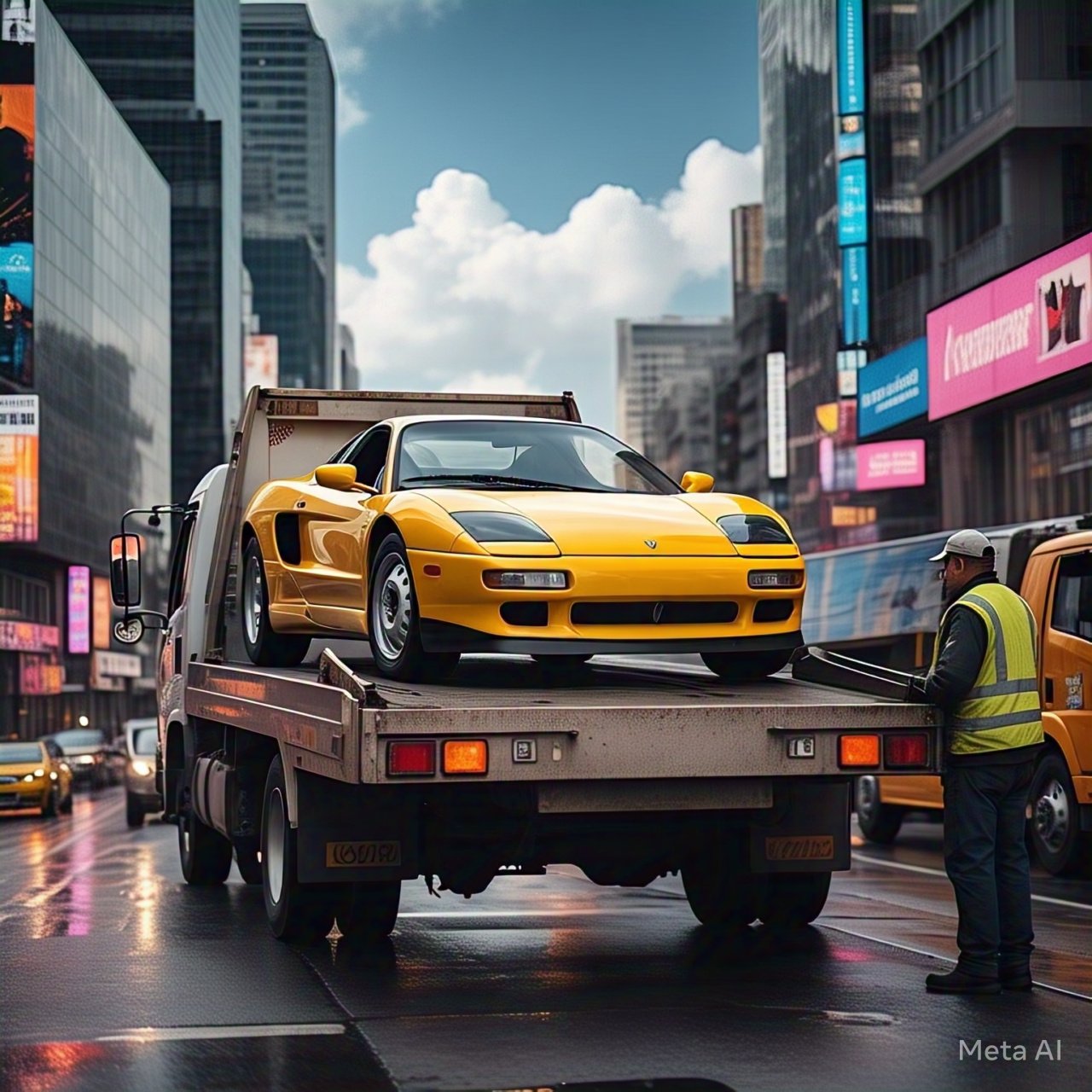 Flatbed tow truck transporting a yellow sports car in a busy city, showcasing the best towing services in action during an unexpected roadside emergency.