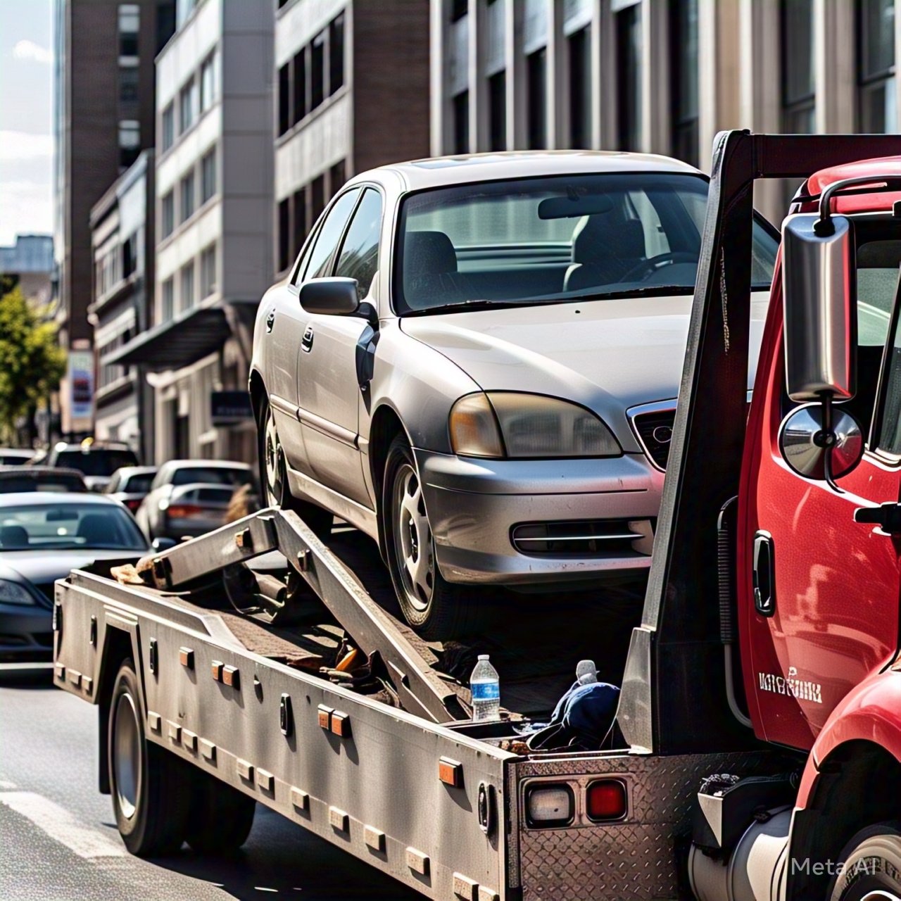 A silver sedan being towed by a red tow truck in an urban setting, showcasing the best towing services for roadside assistance.