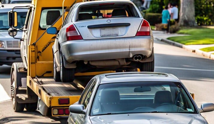 Professional tow truck driver securing a vehicle in a busy city street, showcasing one of the best towing services for urban breakdowns.
