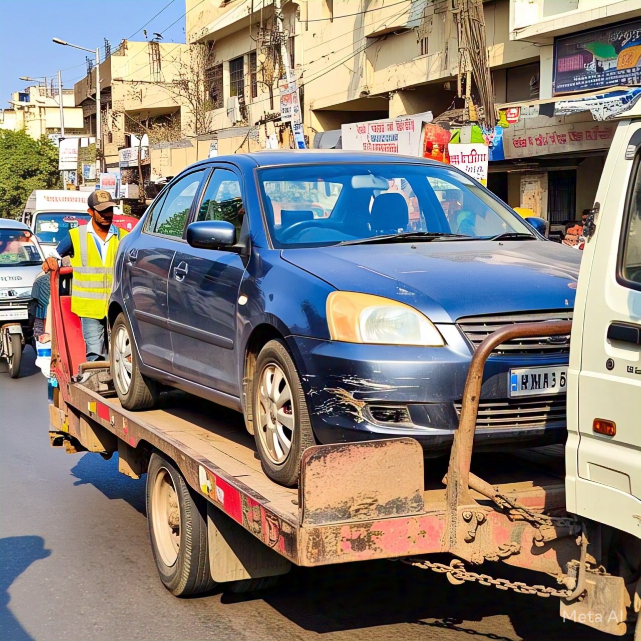 A damaged blue car being towed on a flatbed truck in a busy street of Aurangabad, showcasing professional towing services in Aurangabad with a worker assisting the process.