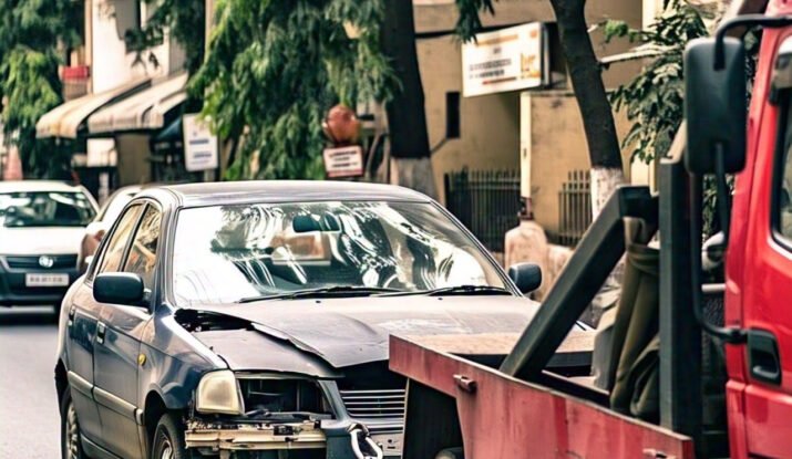 A damaged car being towed by a red tow truck on a city street, showcasing towing services in Faridabad, with trees and buildings in the background.