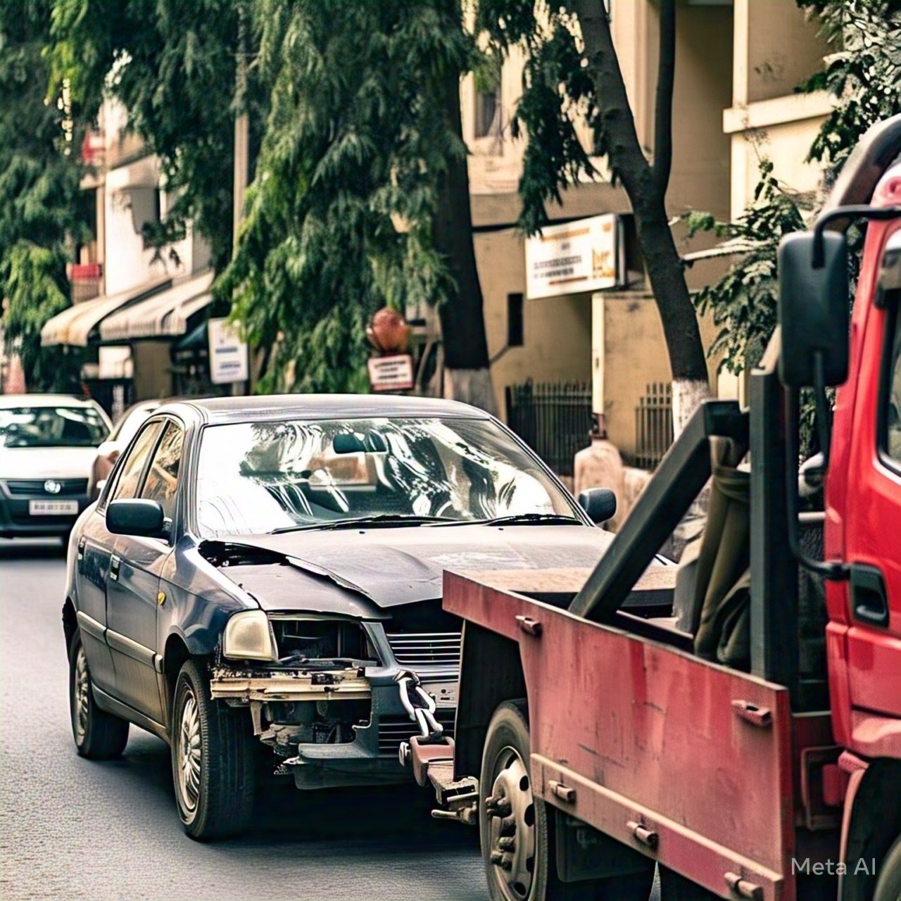 A damaged car being towed by a red tow truck on a city street, showcasing towing services in Faridabad, with trees and buildings in the background.