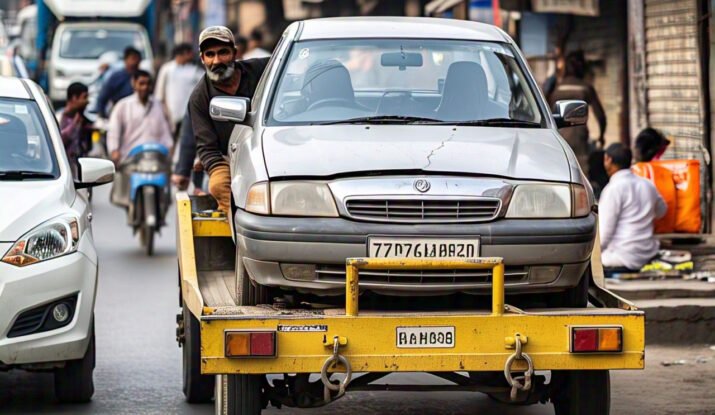 A damaged silver car being transported on a yellow tow truck in a busy street, highlighting towing services in Ghaziabad.