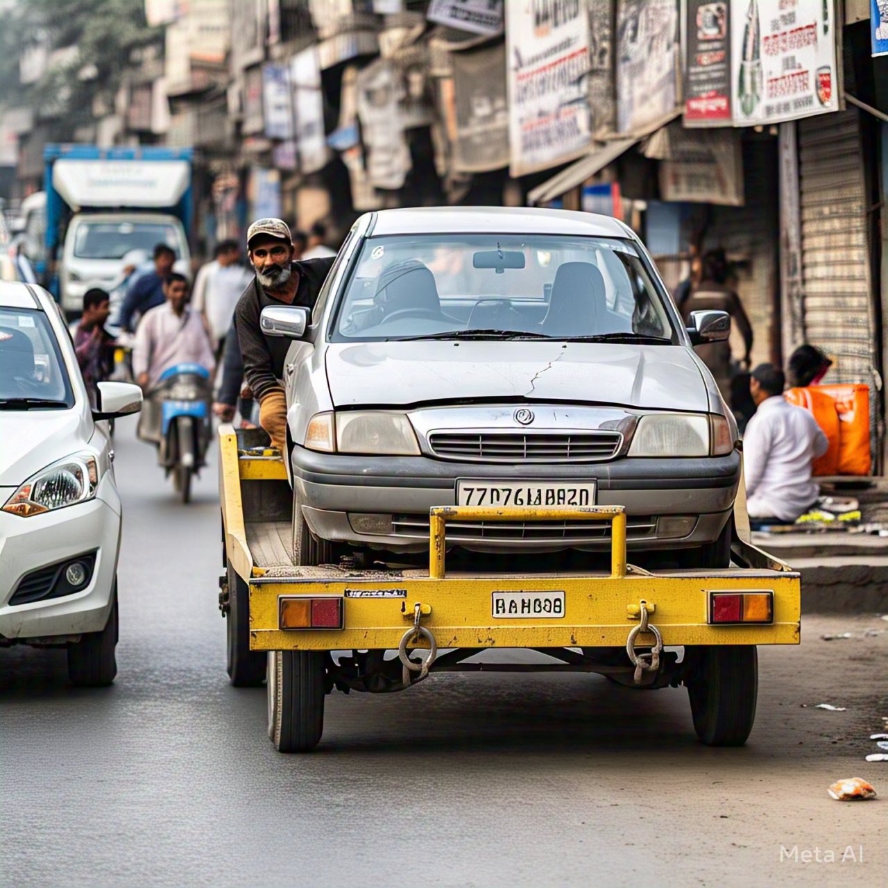 A damaged silver car being transported on a yellow tow truck in a busy street, highlighting towing services in Ghaziabad.