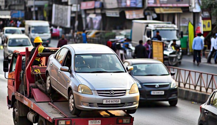 Towing service in Ahmedabad – A car being towed on a busy road with traffic and pedestrians in the background.