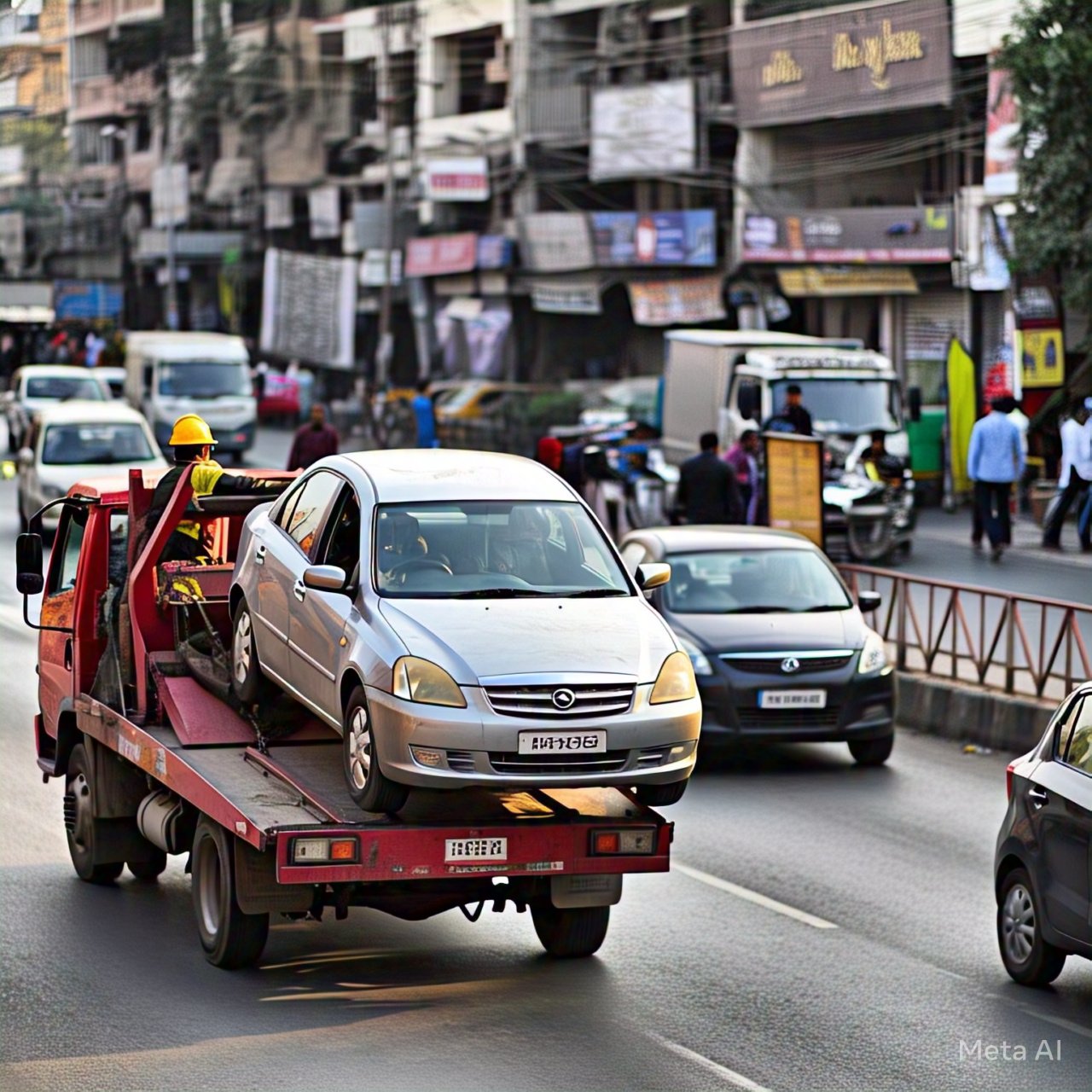 Towing service in Ahmedabad – A car being towed on a busy road with traffic and pedestrians in the background.
