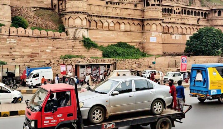 A tow truck transporting a car in front of the historic Gwalior Fort, showcasing towing services in Gwalior for fast and reliable roadside assistance.